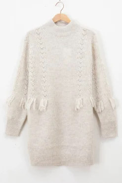 Beige gebreide tuniek met franjes