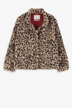 Beige korte teddy jas met leopardprint