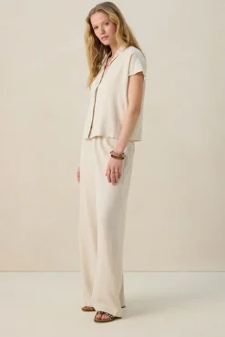 Beige linnen high waist wide leg broek