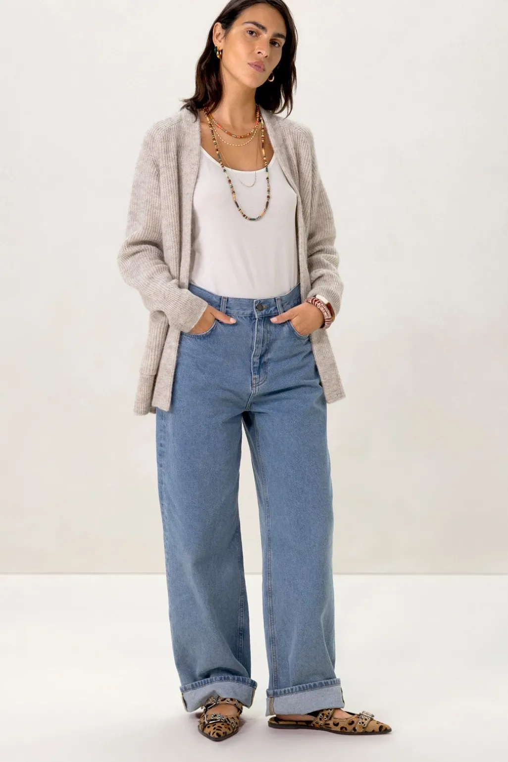 Beige melange openvallend vest
