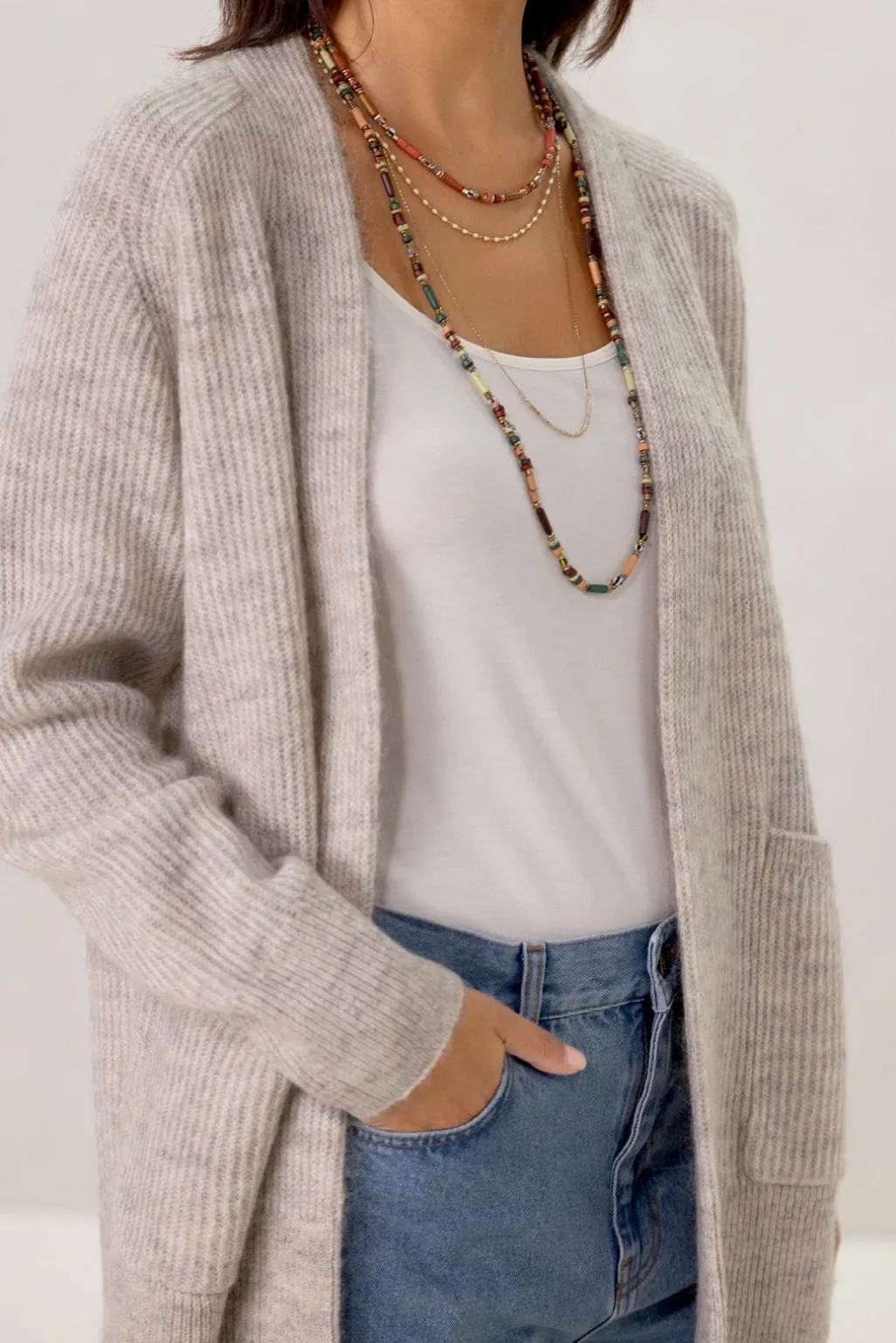 Beige melange openvallend vest