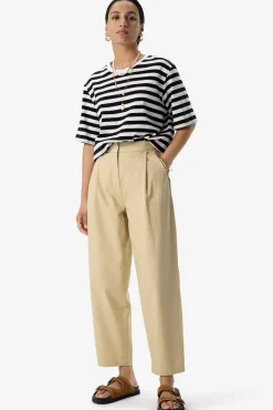 Beige mid waist katoenen bandplooibroek