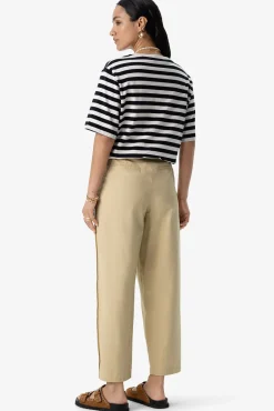 Beige mid waist katoenen bandplooibroek