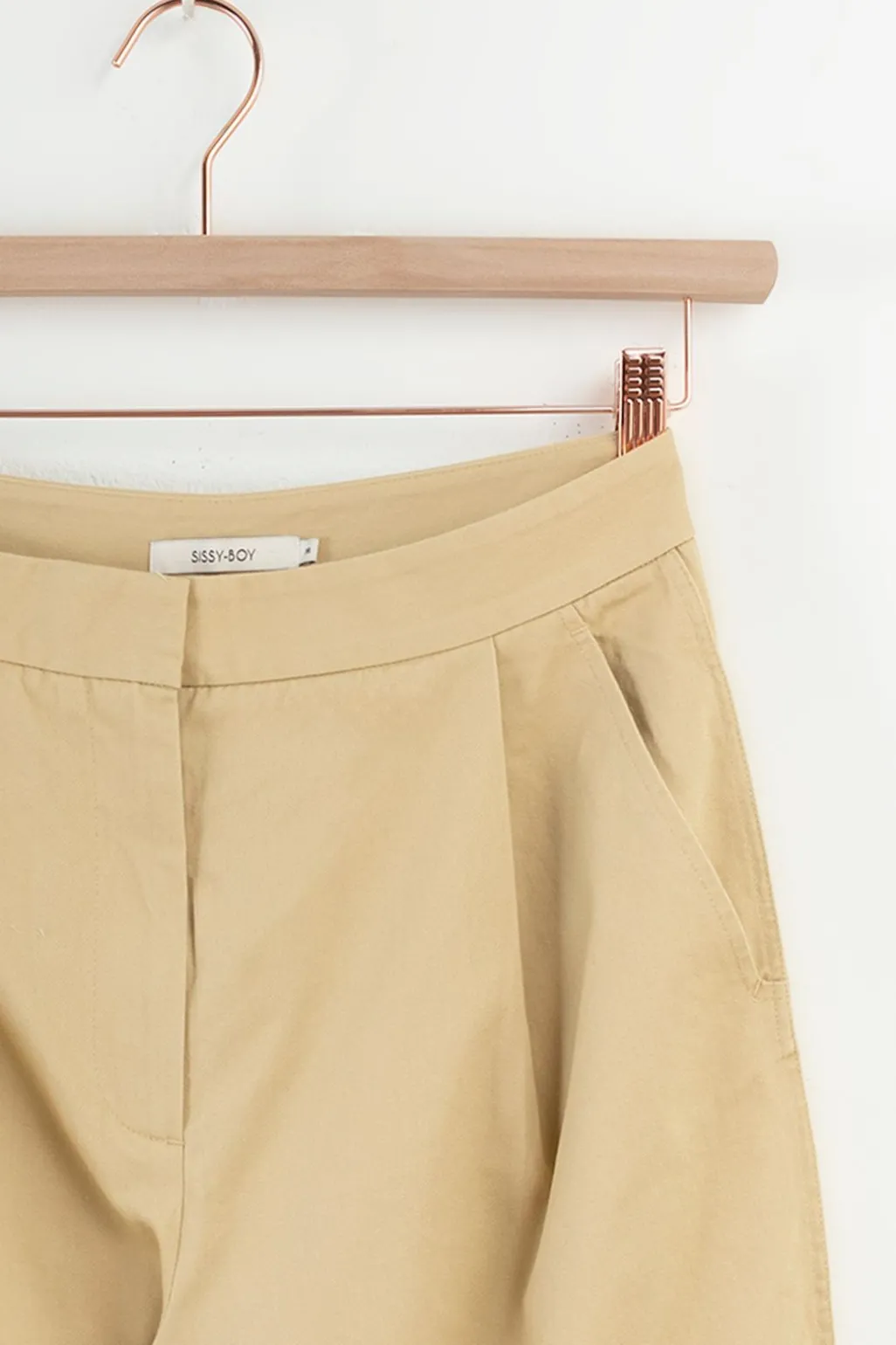 Beige mid waist katoenen bandplooibroek