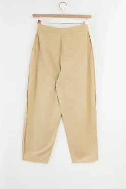 Beige mid waist katoenen bandplooibroek