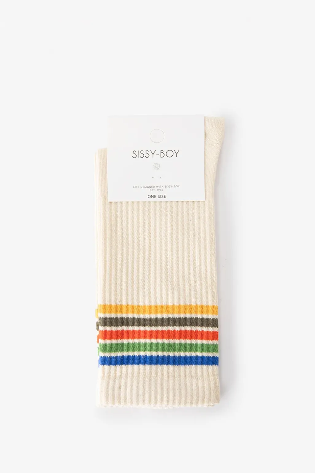 Beige sokken met regenboog strepen