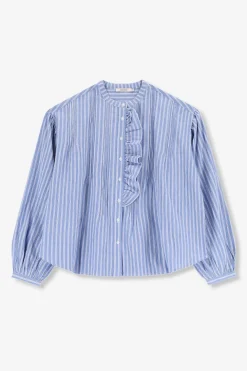 Blauw gestreepte blouse met ruffles
