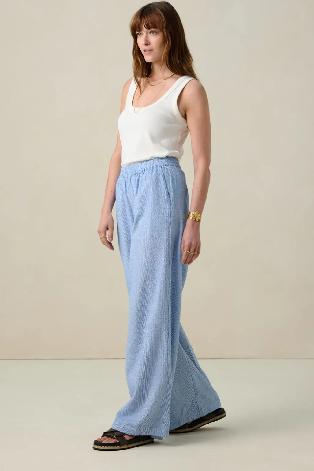 Blauw gestreepte high waist wide leg broek
