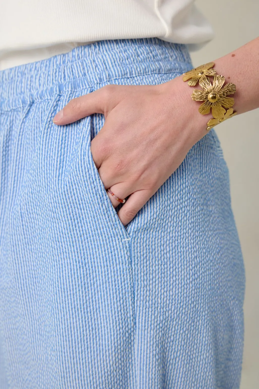 Blauw gestreepte high waist wide leg broek