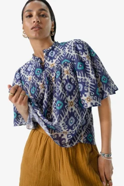 Blauwe A-lijn blouse met print