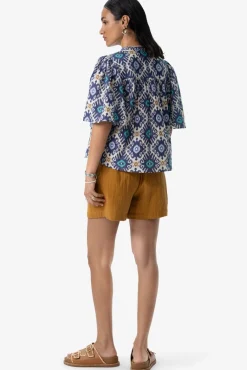Blauwe A-lijn blouse met print