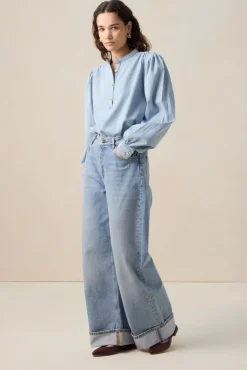 Blauwe denim blouse met strepen