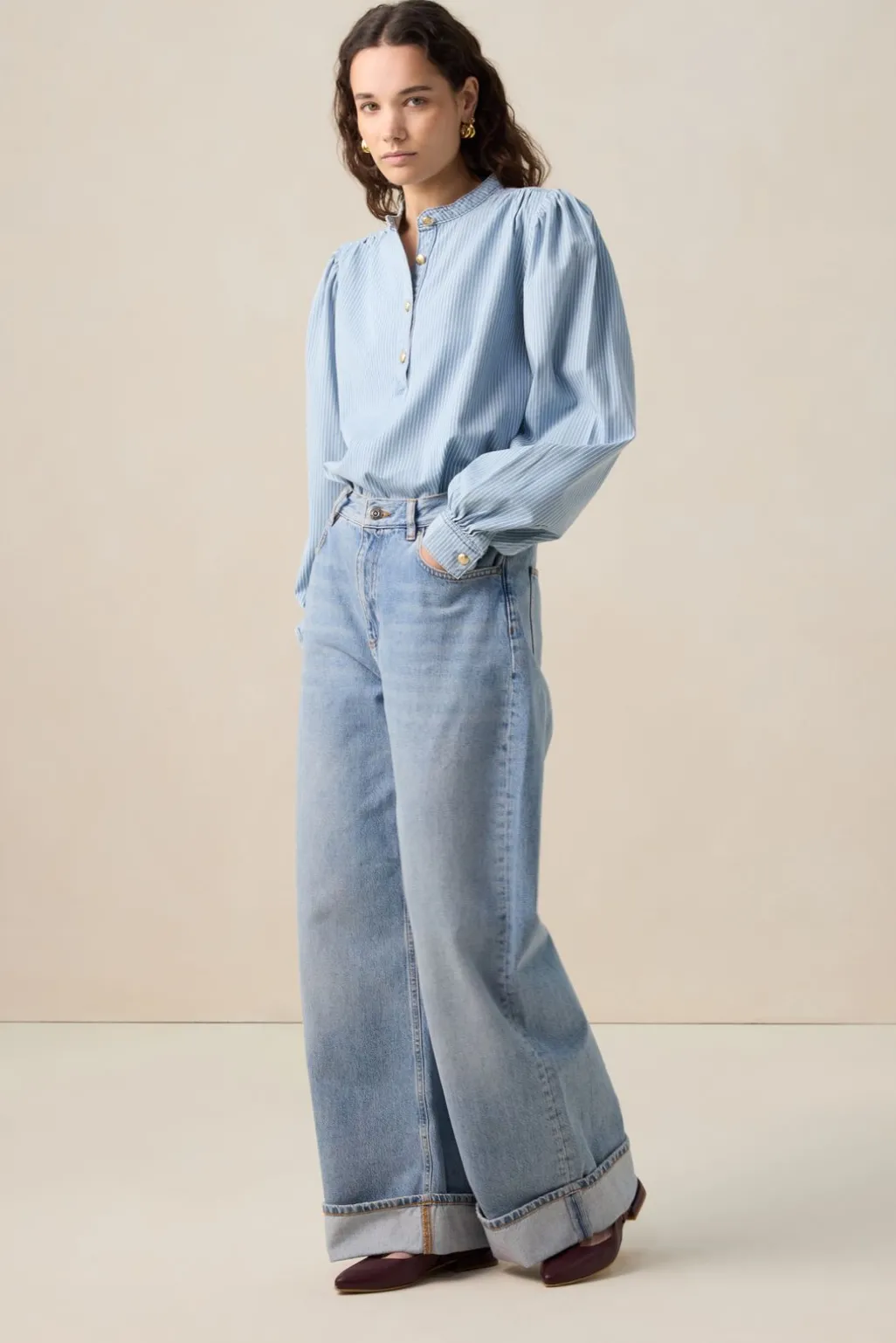 Blauwe denim blouse met strepen