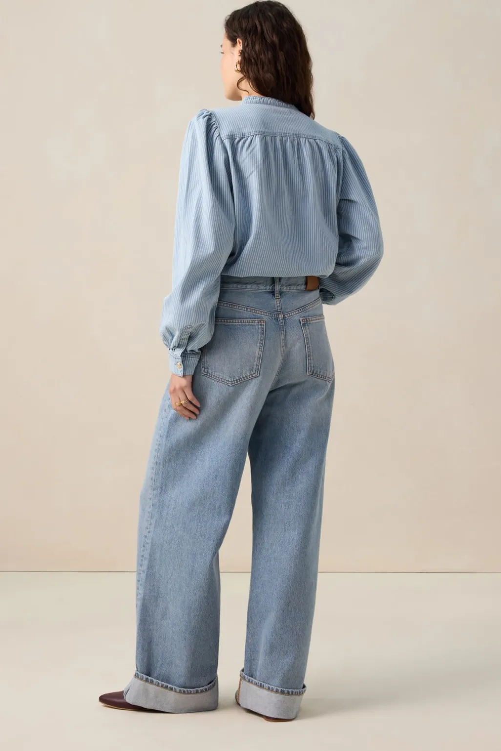 Blauwe denim blouse met strepen