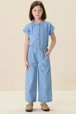 Blauwe denim jumpsuit met print