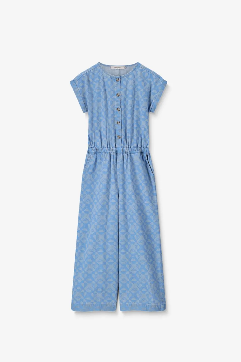 Blauwe denim jumpsuit met print