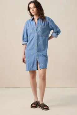 Blauwe denim jurk met embroidery