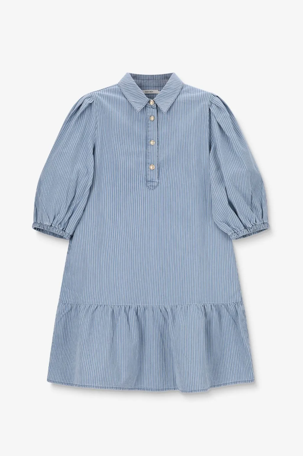 Blauwe denim jurk met pofmouwen