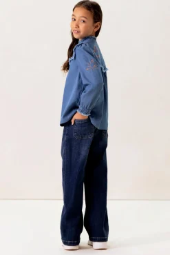 Blauwe denim ruffle blouse