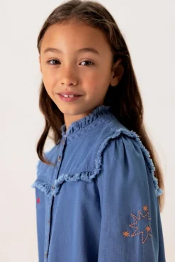 Blauwe denim ruffle blouse