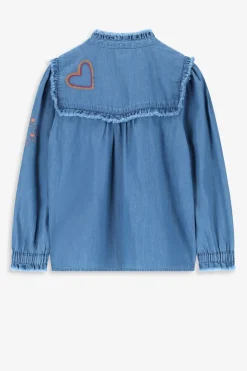 Blauwe denim ruffle blouse