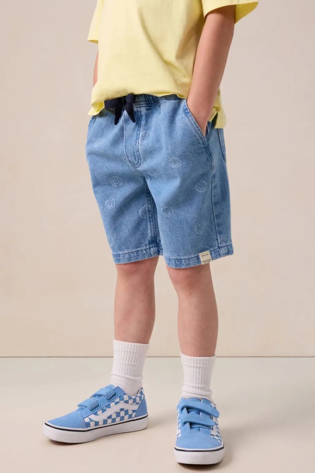 Blauwe denim shorts met smiley