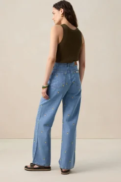 Blauwe high waist denim broek met embroidery