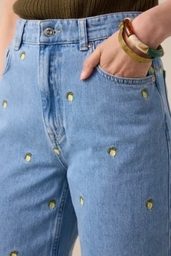 Blauwe high waist denim broek met embroidery