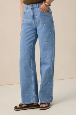 Blauwe high waist denim broek met embroidery