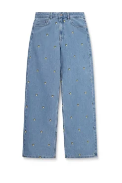 Blauwe high waist denim broek met embroidery