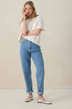 Blauwe high waist girlfriend jeans met embroidery