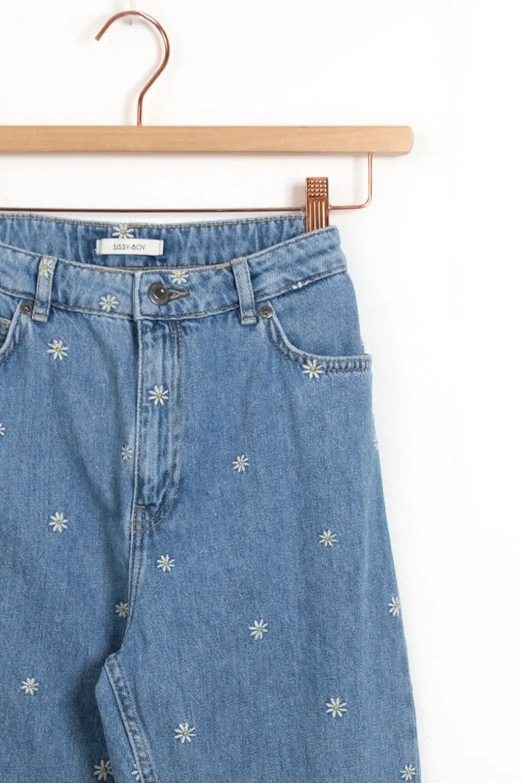 Blauwe high waist girlfriend jeans met embroidery