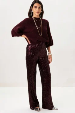 Bordeaux rode high rise broek met pailletten