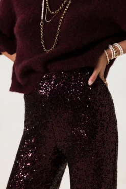 Bordeaux rode high rise broek met pailletten