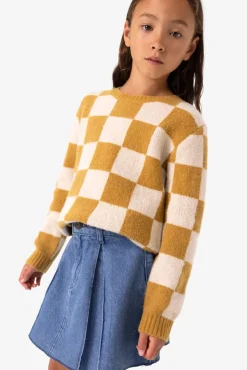 Bruin gebreide jacquard trui met geblokt patroon