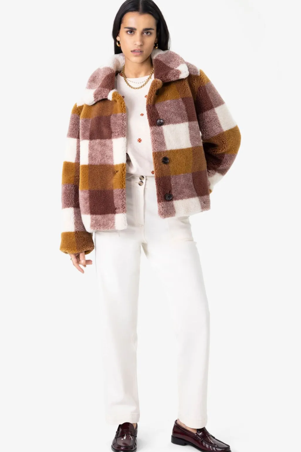 Bruine geruite faux fur jas