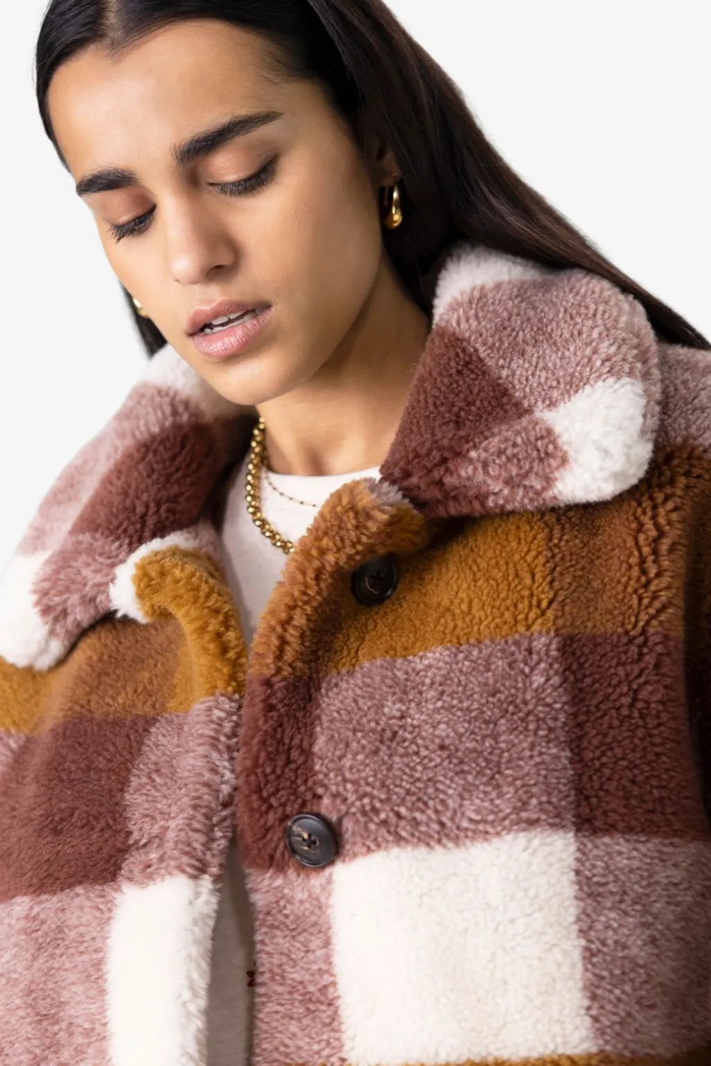 Bruine geruite faux fur jas
