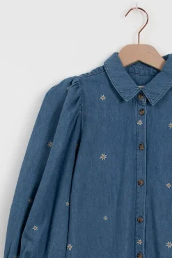 Denim jurk met pofmouwen en madeliefjes embroidery