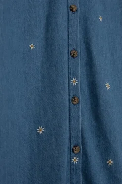 Denim jurk met pofmouwen en madeliefjes embroidery