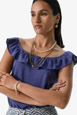 Donkerblauw singlet met ruffles