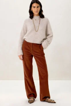 Donkerbruine mid waist wide leg corduroy broek