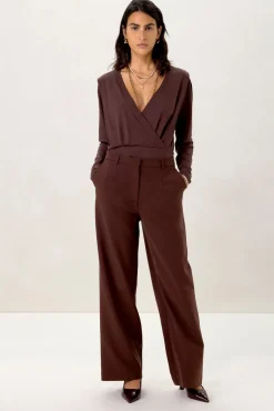 Donkerbruine mid waist wide leg pantalon