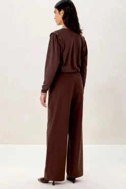 Donkerbruine mid waist wide leg pantalon