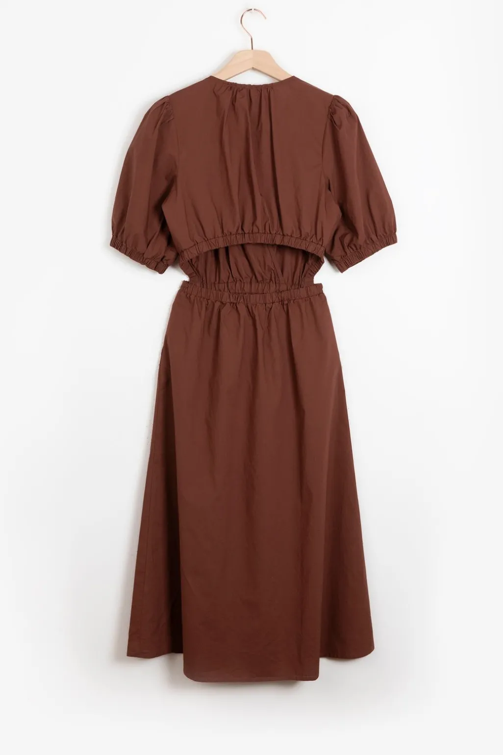 Donkerbruine poplin jurk met open rug