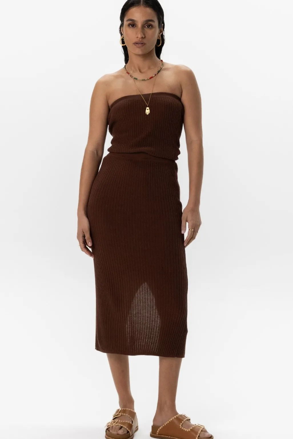 Donkerbruine strapless gebreide top