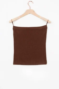 Donkerbruine strapless gebreide top