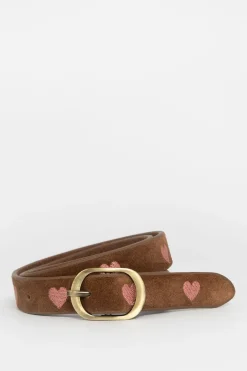 Donkerbruine suède riem met roze hartjes embroidery