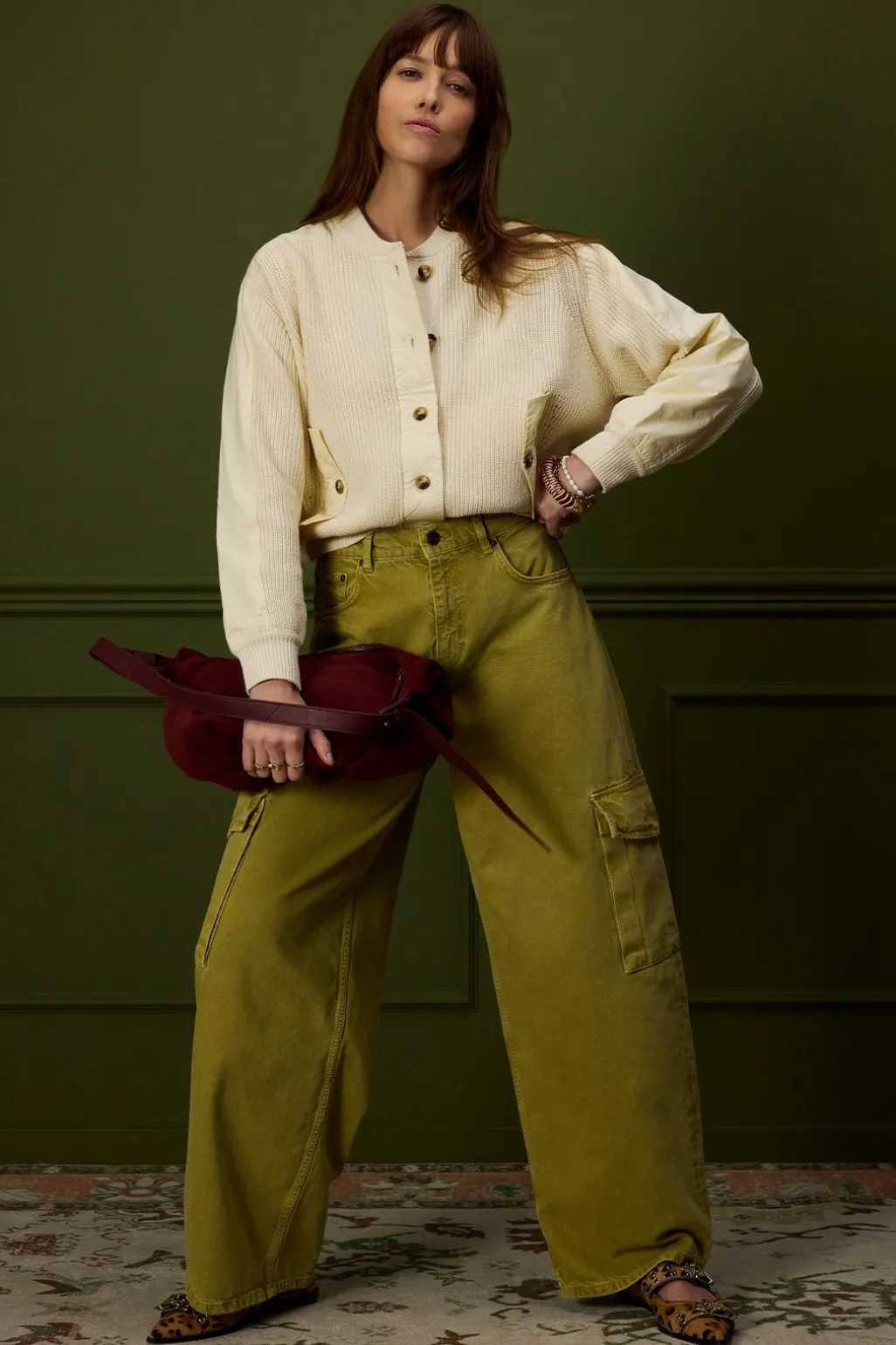Donkergele high waist cargo broek