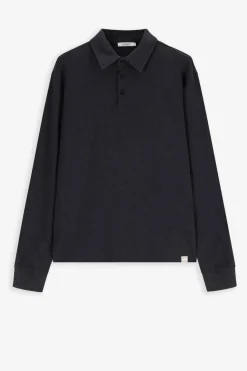 Donkergrijze pique polo met lange mouwen
