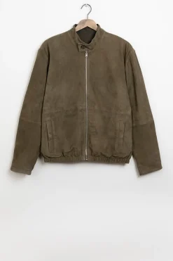 Donkergroen suède bomberjack reversible